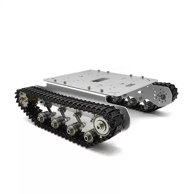 Pilnmetāla triecienu absorbējoša kāpurķēžu tvertnes robota šasija